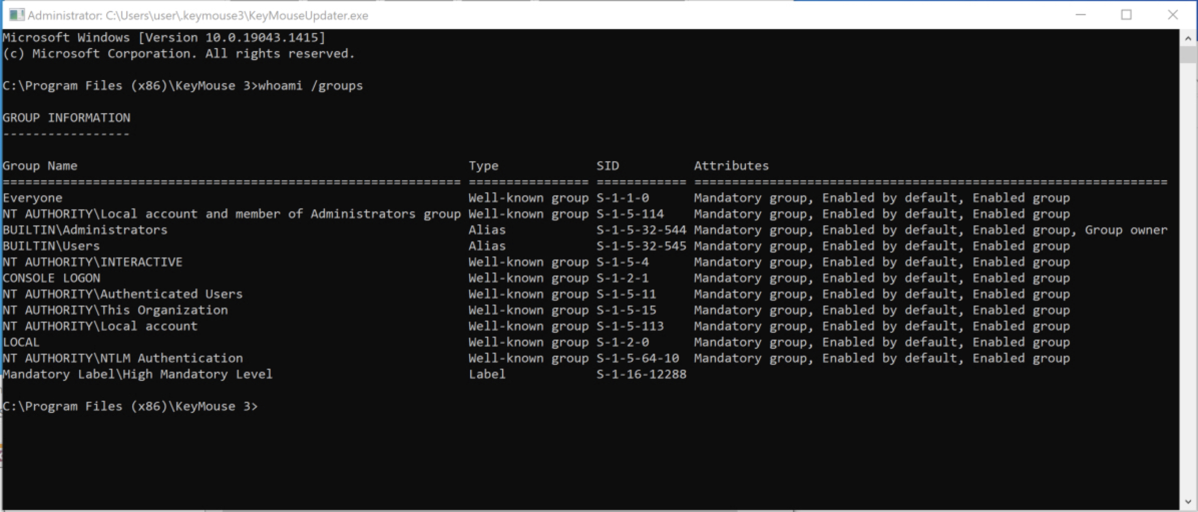 proof.exe executed as Administrator at High Mandatory Level