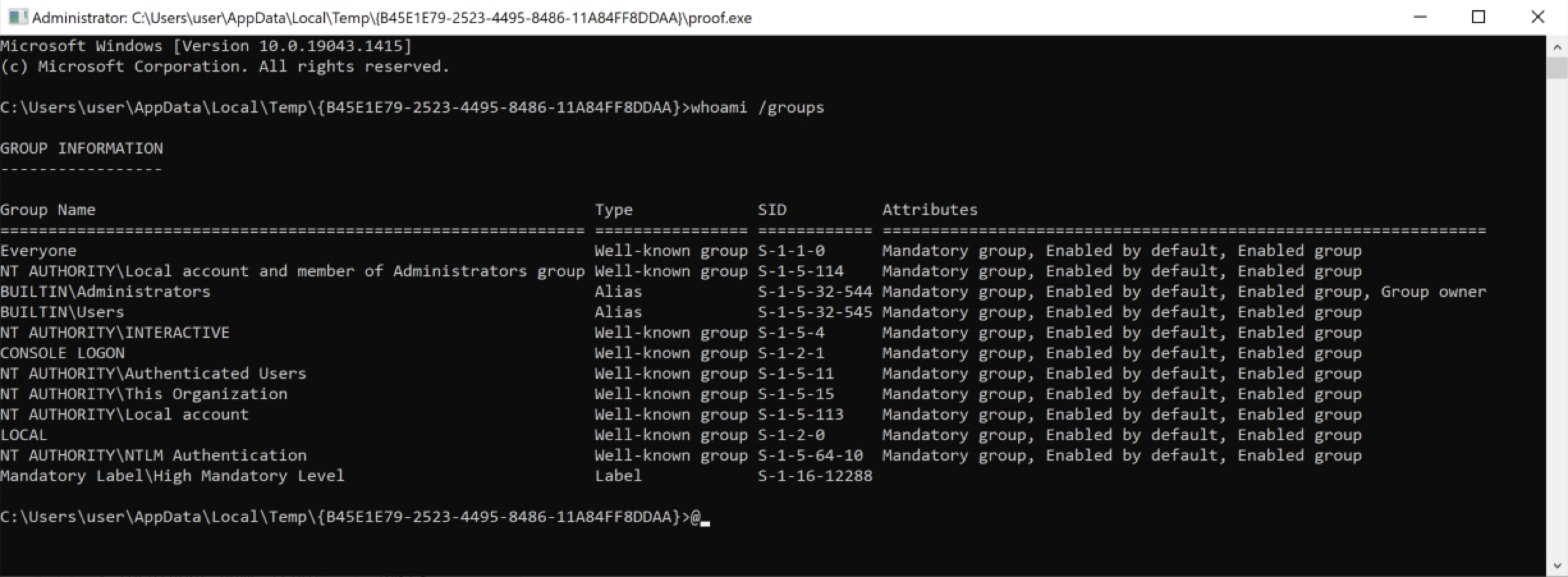 <code>proof.exe</code> is executed in the context of the current user
