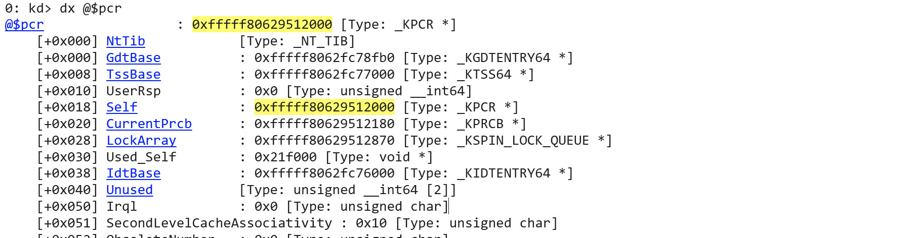 KPCR in WinDbg