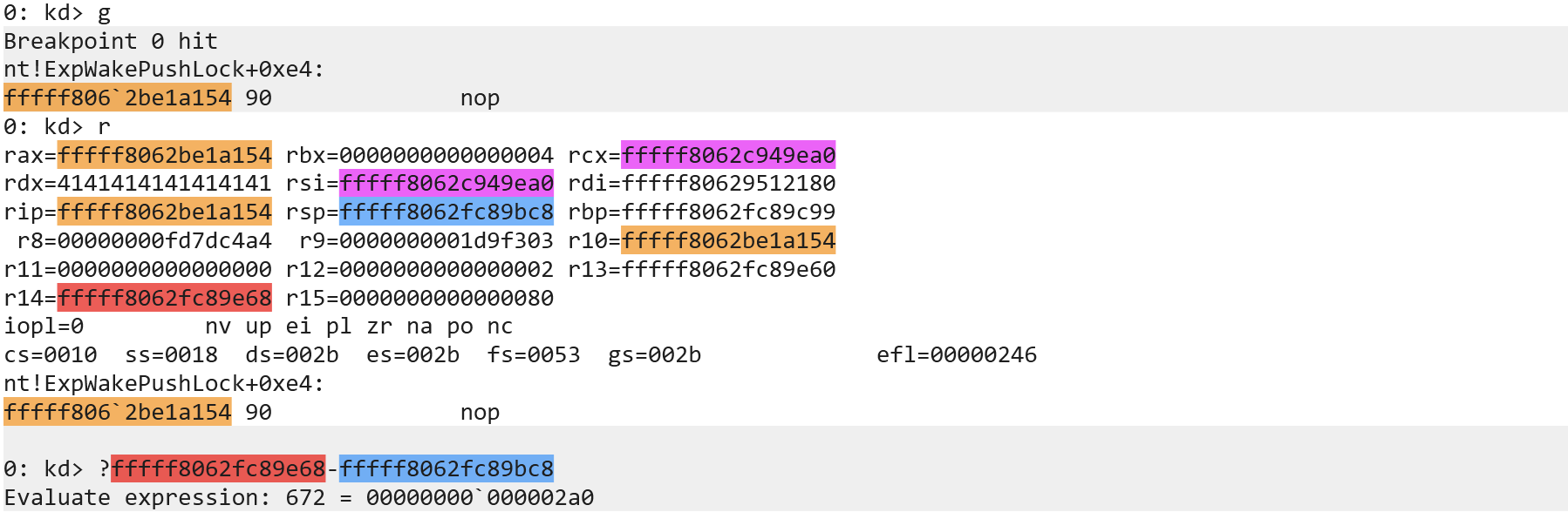 Registers at the moment of DeferredRoutine gadget